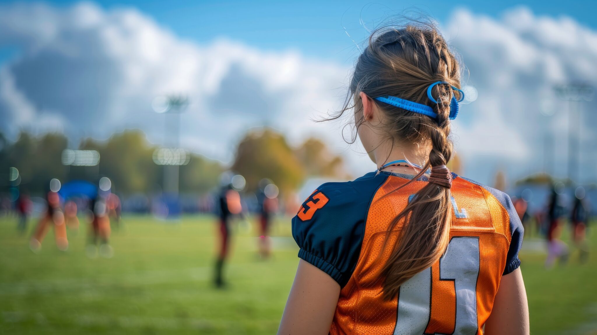A student runs with the football during a school flag football game
